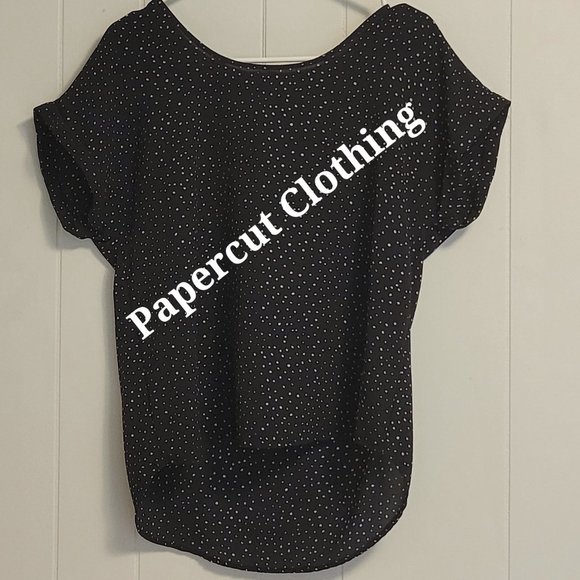 Papercut Clothing black with white polka dot short sleeve tunic blouse Sz: L - Picture 4 of 6